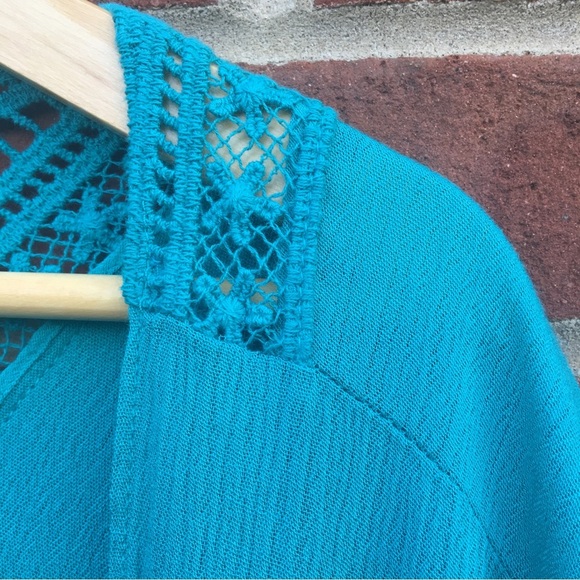 New Directions Boho Kimono One Size Turquoise Open Waterfall Front Crochet - Picture 3 of 6